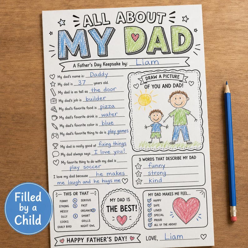 Op de afbeelding: Een Vaderdag aandenkenblad ingevuld door een kind, met de titel "Alles over mijn papa". Het blad bevat vakken voor de naam van de vader, zijn leeftijd, zijn baan, zijn favoriete dingen en een tekening van de vader en het kind.