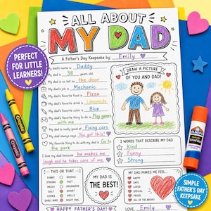 A colourful Father's Day keepsake activity sheet titled "All About My Dad." The sheet includes fill-in-the-blank sections, a drawing area, and a list of descriptive words.