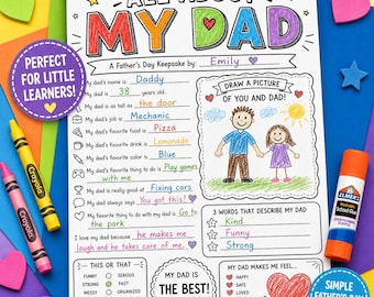 Werkblad 'Alles over mijn vader' om uit te printen, een leuk aandenken voor Vaderdag voor kinderen