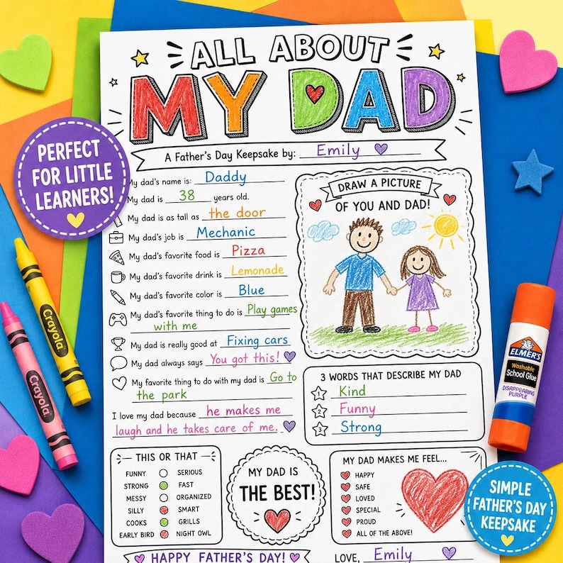 A colourful Father's Day keepsake activity sheet titled "All About My Dad." The sheet includes fill-in-the-blank sections, a drawing area, and a list of descriptive words.