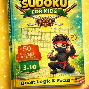 May include: A colorful "Samurai Sudoku for Kids" book cover. The cover features a cartoon ninja, sudoku grids, and text that reads "50 Puzzles + Solutions" and "Boost Logic & Focus". Colored pencils and an eraser are in the foreground.