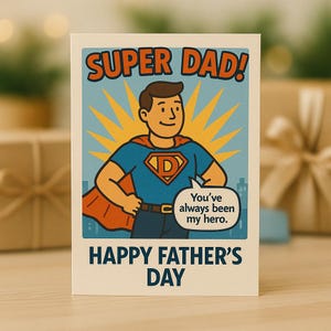 Super Dad Vatertagskarte von Sohn Tochter druckbare Superhelden Papa Karte für Ehemann Opa Stiefvater erste Mal Papa Heldenkarte