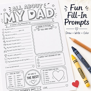 Op de afbeelding: Een zwart-wit Vaderdag aandenkenblad getiteld "All About My Dad". Het bevat invulopdrachten, een ruimte om een foto te tekenen en secties om Papa te beschrijven. Kleurpotloden en een potlood liggen naast het blad.