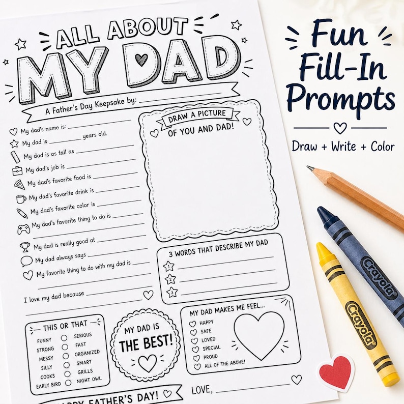 Op de afbeelding: Een zwart-wit Vaderdag aandenkenblad getiteld "All About My Dad". Het bevat invulopdrachten, een ruimte om een foto te tekenen en secties om Papa te beschrijven. Kleurpotloden en een potlood liggen naast het blad.