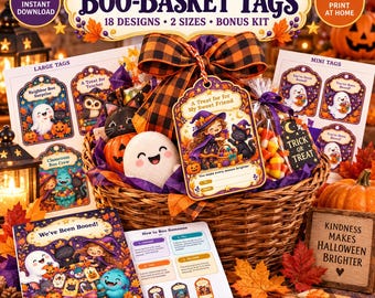 Printable Boo Basket Tags: 18 Halloween Gift Tag Designs, 2 Sizes, Letter & A4