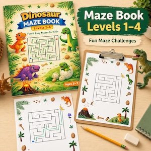 May include: A colorful children's maze book titled "Dinosaur Maze Book Levels 1-4" with illustrations of dinosaurs. The image also shows a clipboard with a maze, a pencil, and toy dinosaurs. The text on the book says "Fun & Easy Mazes for Kids" and "Ages 3-7".