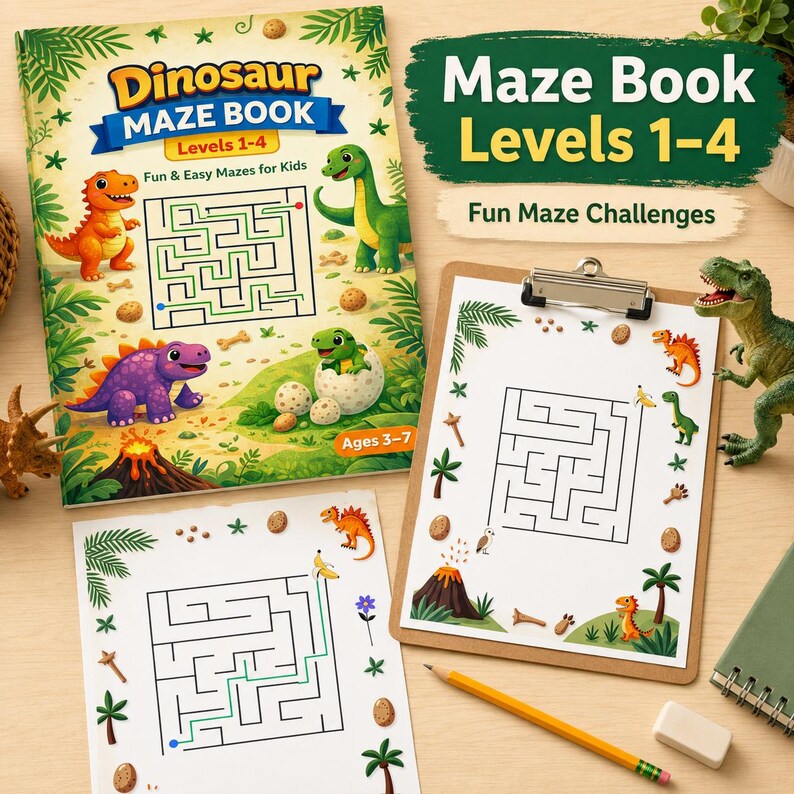 May include: A colorful children's maze book titled "Dinosaur Maze Book Levels 1-4" with illustrations of dinosaurs. The image also shows a clipboard with a maze, a pencil, and toy dinosaurs. The text on the book says "Fun & Easy Mazes for Kids" and "Ages 3-7".