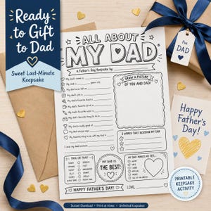 Op de afbeelding: Een Vaderdag aandenken activiteitenset. Bevat een invulblad met de titel "All About My Dad", een kaart met de tekst "Happy Father's Day!" en een cadeaulabel. De set is ontworpen als een lief aandenken voor de laatste minuut.