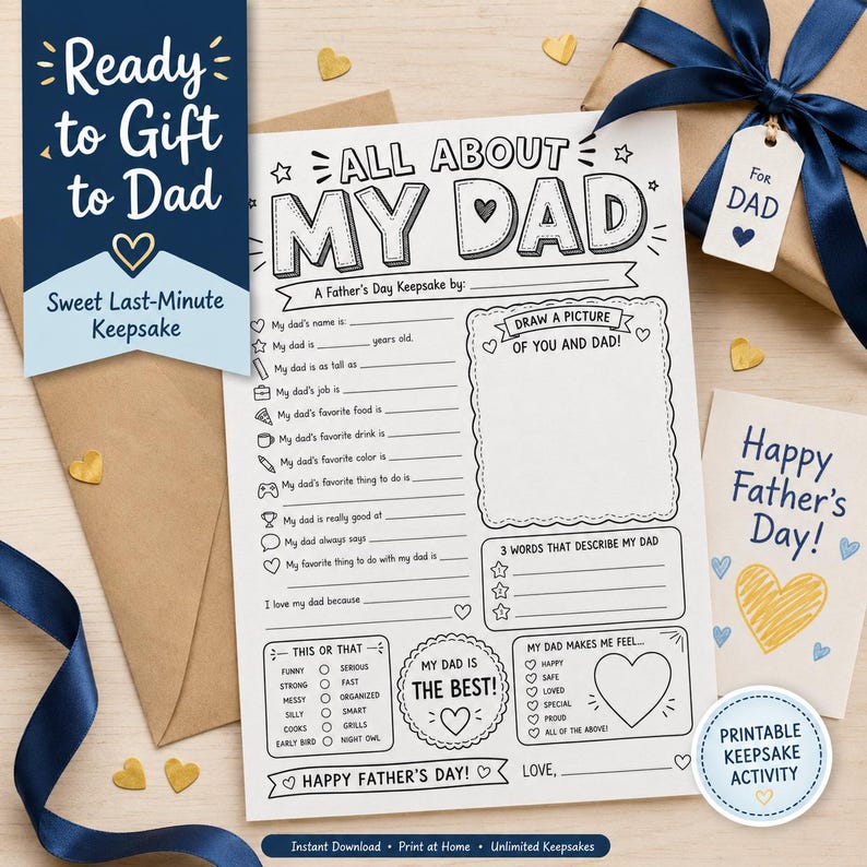 Op de afbeelding: Een Vaderdag aandenken activiteitenset. Bevat een invulblad met de titel "All About My Dad", een kaart met de tekst "Happy Father's Day!" en een cadeaulabel. De set is ontworpen als een lief aandenken voor de laatste minuut.