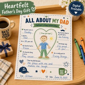 A Father's Day interview printable with the text "All About My Dad." The design includes a drawing of a child, a heart, and fill-in-the-blank sections about the dad's name, age, favorite food, and activities. A mug with "Best Dad Ever" is also visible.