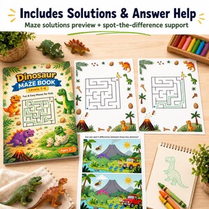 May include: A colorful children's activity book titled "Dinosaur Maze Book" with levels 1-4, featuring dinosaur illustrations. The image includes maze pages, spot-the-difference puzzles, dinosaur figurines, and crayons. Text on the book reads "Fun & Easy Mazes for Kids" and "Ages 3-7".