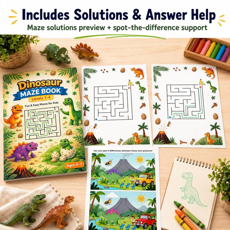 May include: A colorful children's activity book titled "Dinosaur Maze Book" with levels 1-4, featuring dinosaur illustrations. The image includes maze pages, spot-the-difference puzzles, dinosaur figurines, and crayons. Text on the book reads "Fun & Easy Mazes for Kids" and "Ages 3-7".