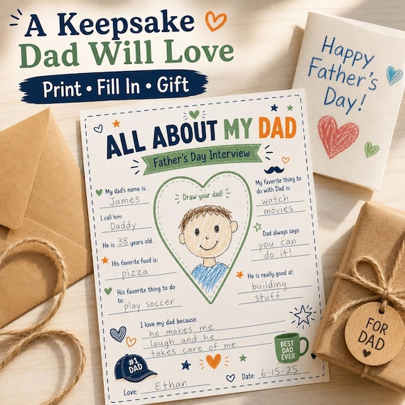 All About My Dad Printable Father’s Day Interview, Kids Fill In Activity Page, Dad Keepsake Gift from Child, Preschool Classroom Worksheet