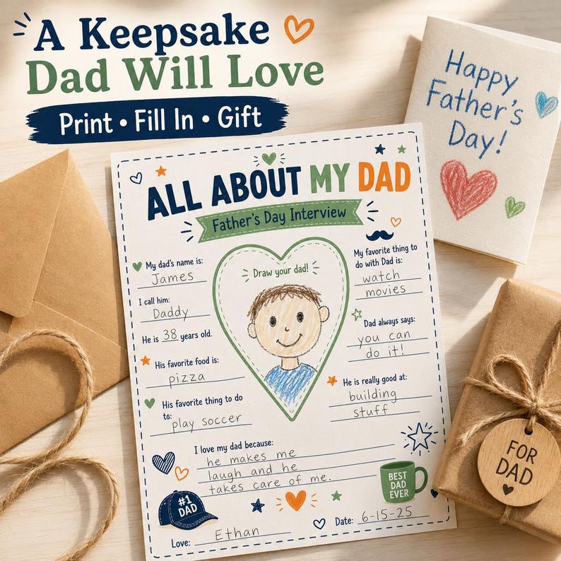 All About My Dad Printable Father’s Day Interview, Kids Fill In Activity Page, Dad Keepsake Gift from Child, Preschool Classroom Worksheet