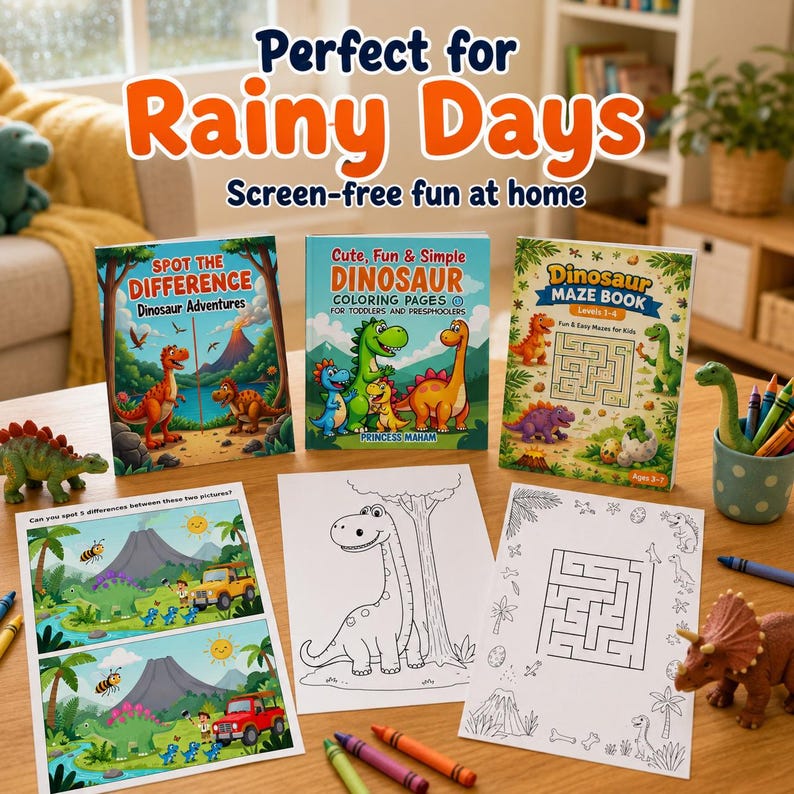 May include: A collection of children's activity books and coloring pages featuring dinosaurs. The books include a 'Spot the Difference' game, coloring pages, and a maze book. The text on the image reads 'Perfect for Rainy Days' and 'Screen-free fun at home'.