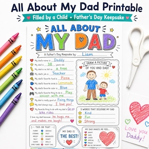 Op de afbeelding: Een printbaar activiteitenvellen voor Vaderdag met de titel "All About My Dad". Het vel bevat invulopdrachten, een ruimte voor een tekening en een sectie om Papa te beschrijven. Kleurpotloden, een schaar en een kleine kaart zijn ook zichtbaar.