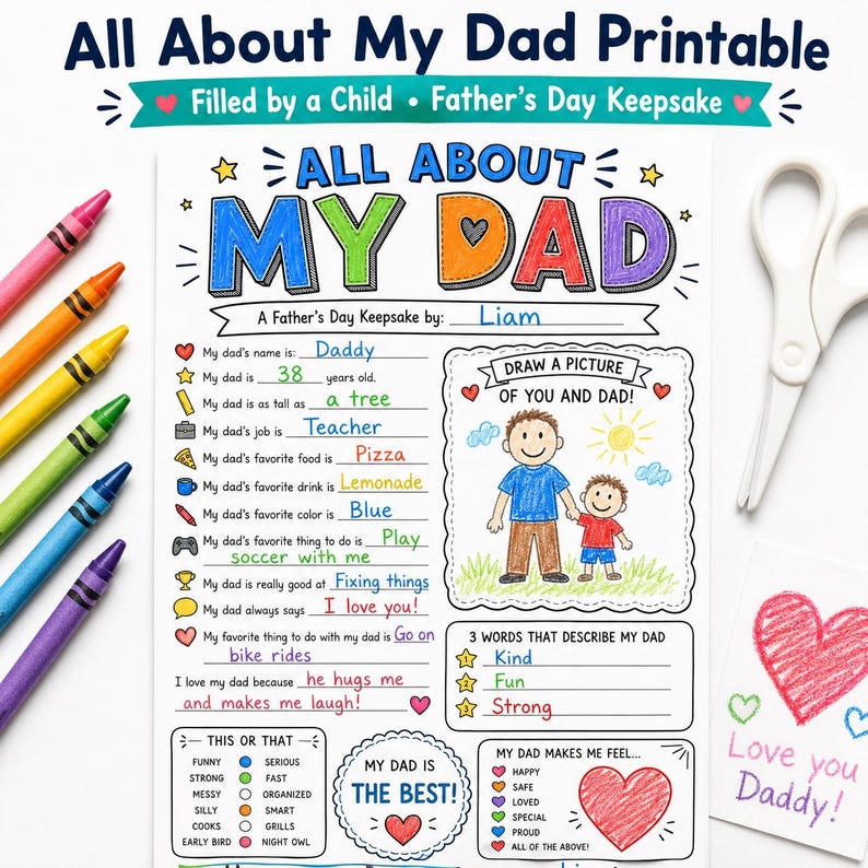 Op de afbeelding: Een printbaar activiteitenvellen voor Vaderdag met de titel "All About My Dad". Het vel bevat invulopdrachten, een ruimte voor een tekening en een sectie om Papa te beschrijven. Kleurpotloden, een schaar en een kleine kaart zijn ook zichtbaar.