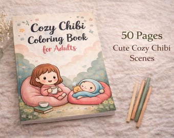 Può includere: Un "Cozy Chibi Coloring Book for Adults" con 50 pagine di scene carine. La copertina presenta un'illustrazione di due personaggi su cuscini rosa. Matite colorate accanto al libro.