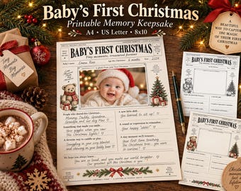 Baby's First Christmas Printable Keepsake, Memory Page PDF, 3 Sizes + Low-Ink Edition