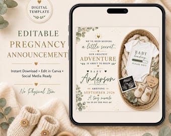 Editable Pregnancy Announcement Template, Gender Neutral Baby Reveal (Digital Download)