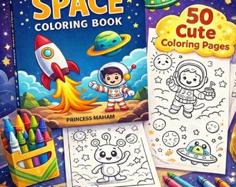 May include: A colorful space-themed coloring book with the text "BOLD & EASY SPACE COLORING BOOK" and "50 Cute Coloring Pages". Includes crayons and illustrations of rockets, planets, and astronauts. The book is designed for ages 3-6.