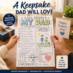 Op de afbeelding: Een afdrukbaar Vaderdag aandenken getiteld "Alles over mijn papa". Het ontwerp bevat invulopdrachten, ruimte voor een tekening en een "Happy Father's Day" kaart. De tekst luidt "Een aandenken waar papa dol op zal zijn."