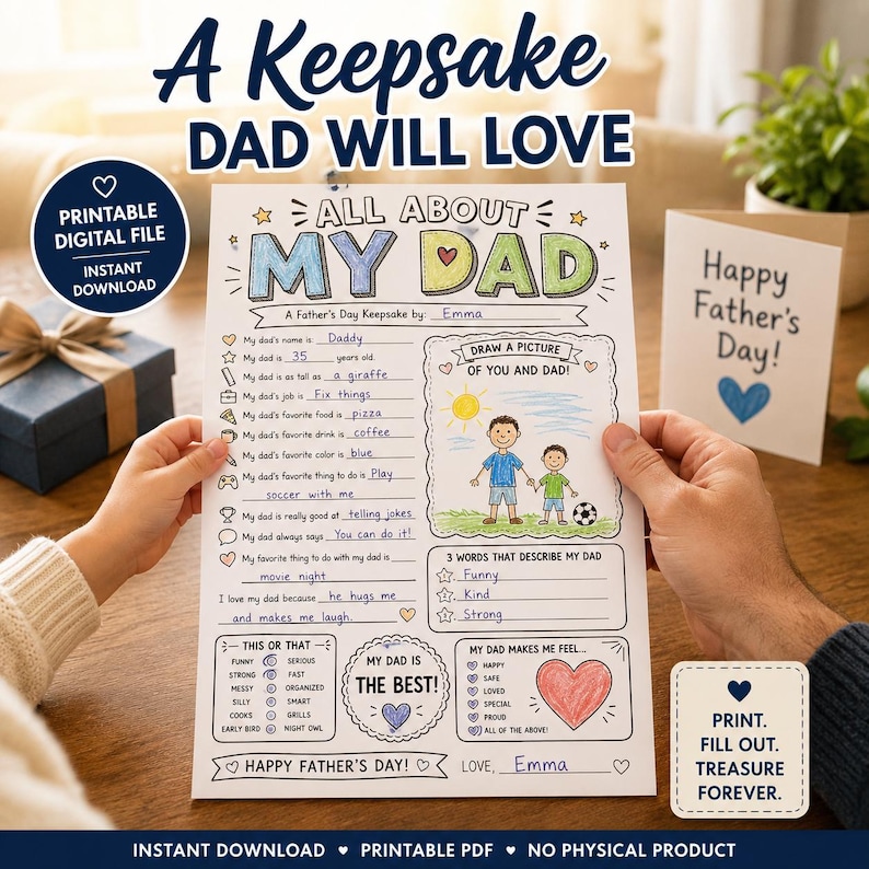 Op de afbeelding: Een afdrukbaar Vaderdag aandenken getiteld "Alles over mijn papa". Het ontwerp bevat invulopdrachten, ruimte voor een tekening en een "Happy Father's Day" kaart. De tekst luidt "Een aandenken waar papa dol op zal zijn."