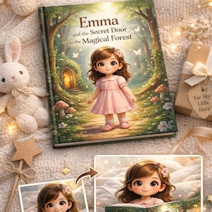 May include: A children's book titled "Emma and the Secret Door to the Magical Forest" with a cartoon illustration of a girl in a pink dress. The text "Your Child Becomes the Hero" is at the top. A gift box and a stuffed bunny are also present.