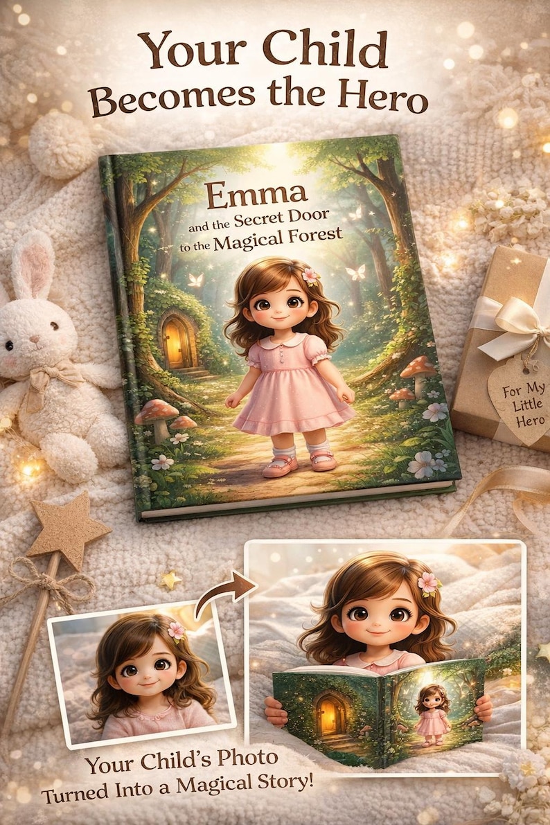 May include: A children's book titled "Emma and the Secret Door to the Magical Forest" with a cartoon illustration of a girl in a pink dress. The text "Your Child Becomes the Hero" is at the top. A gift box and a stuffed bunny are also present.