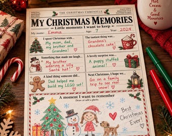 Christmas Memories Printable Worksheet, Kids Holiday Keepsake, Color & Low-Ink PDF