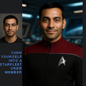 Pode incluir: Um homem em uniforme da Frota Estelar, com um casaco preto e bordô e uma insígnia prateada da Frota Estelar. A imagem inclui um retrato menor e o texto "TURN YOURSELF INTO A STARFLEET CREW MEMBER."