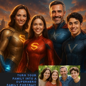 Puede incluir: Retrato familiar de cuatro personas vestidas como superhéroes, con un paisaje urbano de fondo. Los trajes son dorados, rojos y azul marino. El texto en la parte inferior dice: "CONVIERTE A TU FAMILIA EN UN RETRATO FAMILIAR DE SUPERHÉROES."