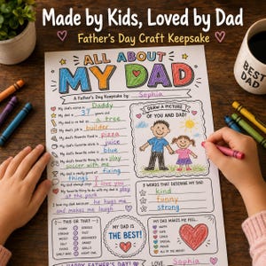 Op de afbeelding: Een Vaderdag knutselaandenken, ingevuld door een kind. De kleurrijke pagina bevat de tekst "Alles over mijn papa", een tekening van een vader en kind, en antwoorden over de favoriete dingen van de vader. De tekst "Gemaakt door kinderen, geliefd door papa" staat bovenaan.
