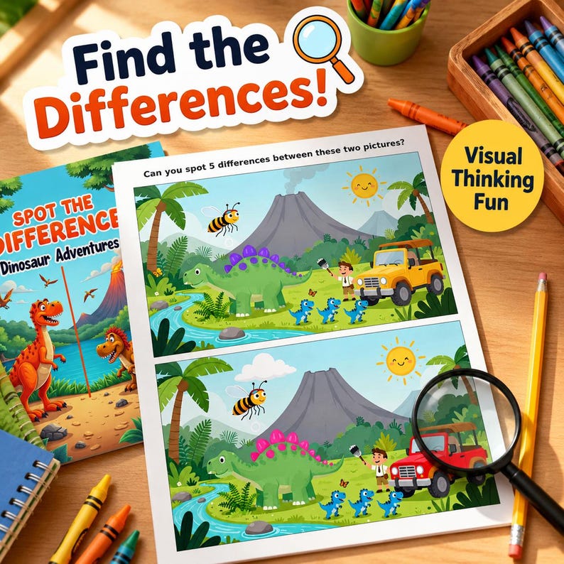 May include: A children's activity set featuring a "Spot the Difference" book and a game sheet with dinosaur illustrations. The game sheet has the text "Find the Differences!" and "Can you spot 5 differences between these two pictures?" Crayons and a magnifying glass are also visible.