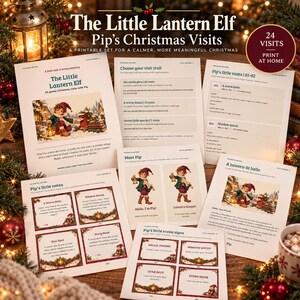 以下が含まれることがあります： The Little Lantern Elf Pip's Christmas Visitsと題された印刷可能なセットで、イラスト入りのカード、訪問ルート、メモが含まれています。各ページにはテキスト、説明書、ランタンを持ったエルフのキャラクターの画像が記載されています。