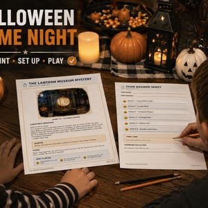May include: A printable Halloween game night kit featuring The Lantern Museum Mystery game sheet and a Team Answer Sheet. The documents include text, instructions, and a mission description. The game sheets are displayed on a wooden table.