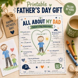 A printable Father's Day gift set featuring a fill-in-the-blanks interview sheet, a drawing of a dad, and a mug with "Best Dad Ever." Includes crayons and a tag that says "Happy Father's Day!"