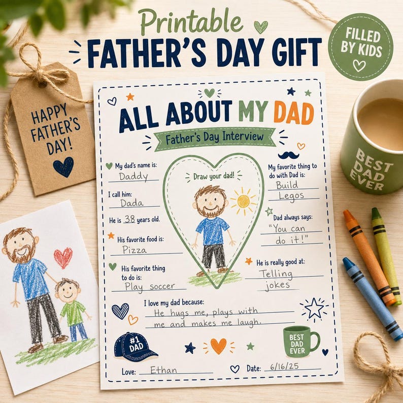 A printable Father's Day gift set featuring a fill-in-the-blanks interview sheet, a drawing of a dad, and a mug with "Best Dad Ever." Includes crayons and a tag that says "Happy Father's Day!"