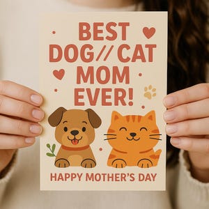 Tarjeta del Día de la Madre de una mamá perruna y gata, tarjeta del Día de la Madre de una mascota, tarjeta de la mejor mamá perruna, tarjeta del Día de la Madre de un bebé peludo para amantes de las mascotas.