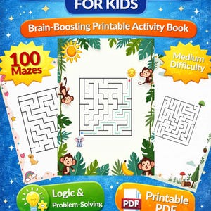 May include: A printable activity book for kids with the title "100 Medium Mazes." The cover features mazes, monkeys, and the text "Brain-Boosting Printable Activity Book." It is designed for ages 6-9 and promotes logic and problem-solving.