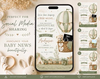 Editable Pregnancy Announcement Template, Neutral Baby Reveal Canva Template with Ultrasound Option
