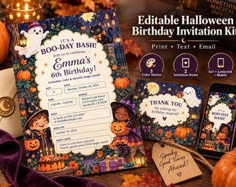 Editable Halloween Birthday Invitation Bundle, 3 Colorways, 5x7 Printable & Mobile Invite