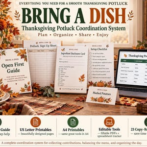 Thanksgiving Potluck Planner Printable, Fillable Sign-Up Forms & Excel Tracker