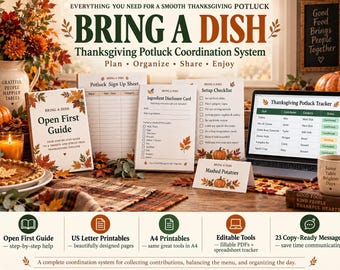 Thanksgiving Potluck Planner Printable, Fillable Sign-Up Forms & Excel Tracker