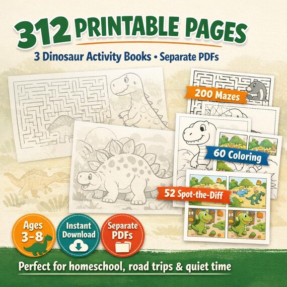 Dinosaur Activity Book Bundle – 300+ Pages of Mazes, Coloring & Spot the Difference (Digital Download)