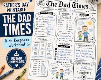 Father's Day Newspaper Printable, Kids Dad Questionnaire, Keepsake Activity (Digital Download)