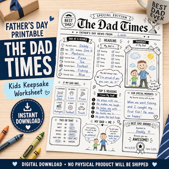 Father's Day Newspaper Printable, Kids Dad Questionnaire, Keepsake Activity (Digital Download)