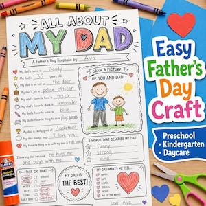 A Father's Day craft sheet titled "All About My Dad" with fill-in-the-blanks and a drawing space. Includes a heart-shaped cutout, scissors, crayons, and glue. The sheet is designed for preschool, kindergarten, and daycare activities.