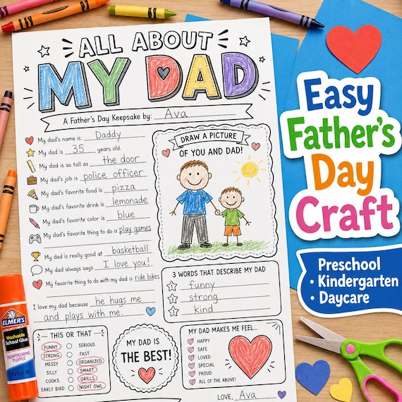 All About My Dad Printable Worksheet, Father’s Day Keepsake for Kids