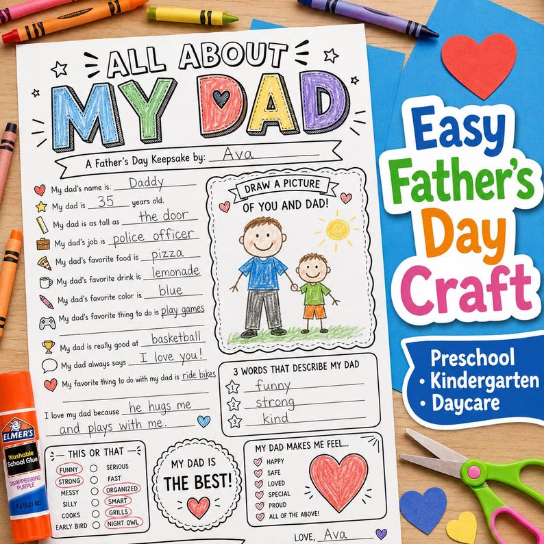 A Father's Day craft sheet titled "All About My Dad" with fill-in-the-blanks and a drawing space. Includes a heart-shaped cutout, scissors, crayons, and glue. The sheet is designed for preschool, kindergarten, and daycare activities.